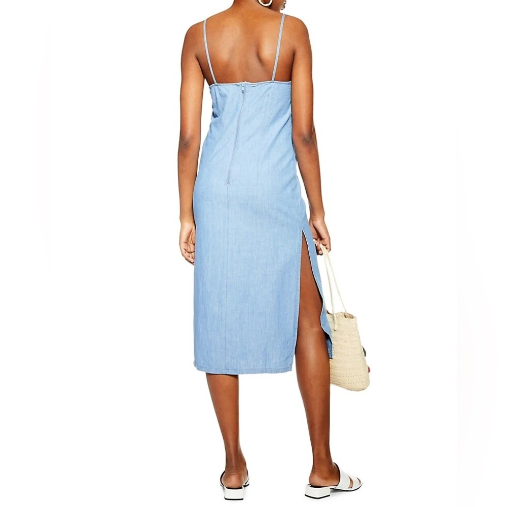 Light Blue Denim Topshop Tie Front Midi Dress with Side Slit US Size 6 - Picture 2 of 9